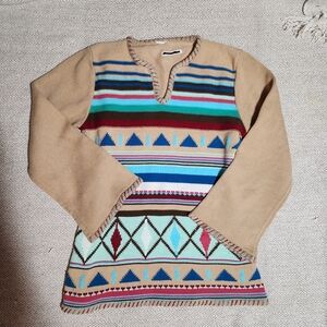 Vintage 70s Multicolor Geometric Pattern Split Neck Sweater With Bell Sleeves